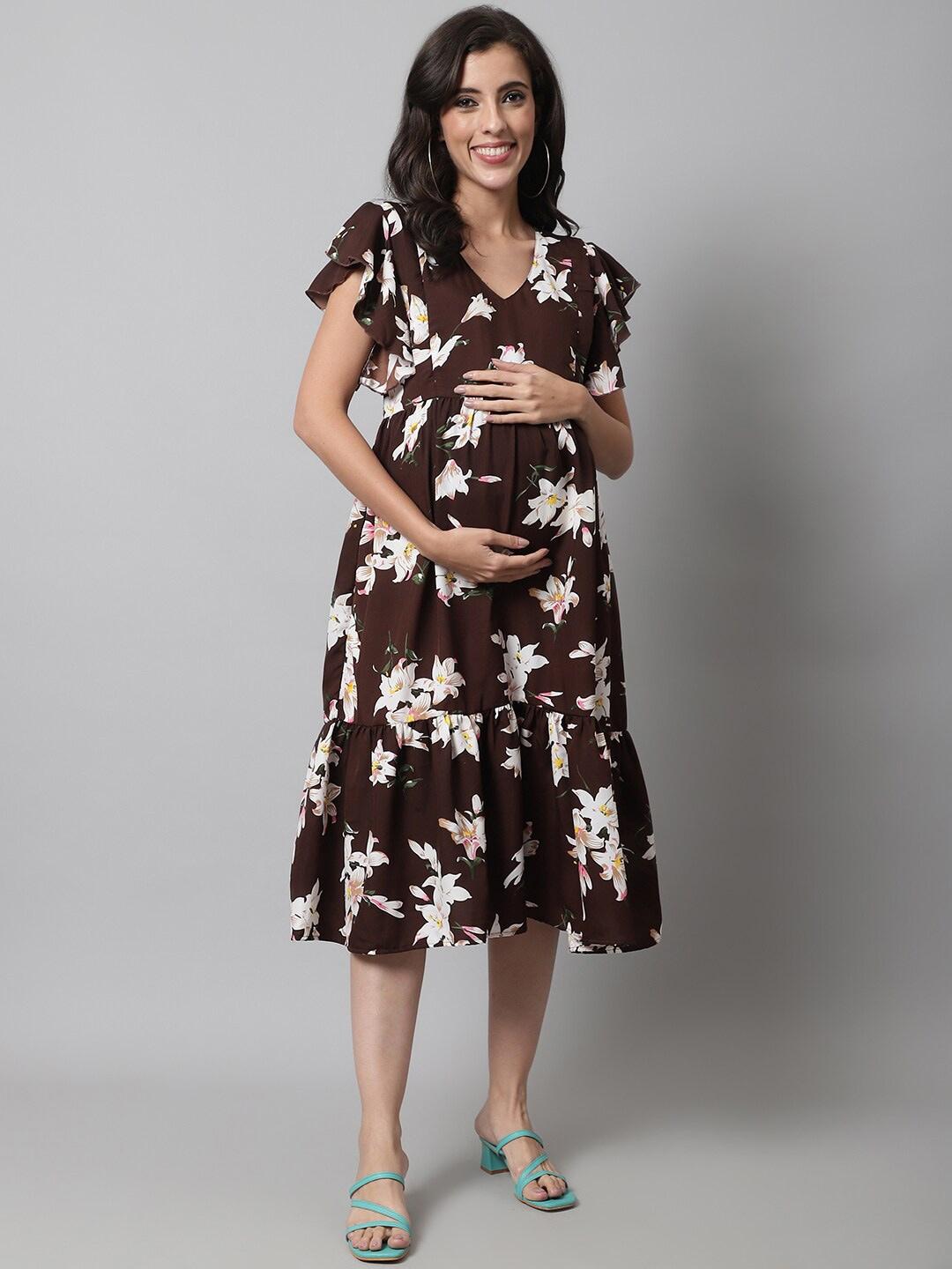 Frempy Floral Print Flutter Sleeve Crepe Maternity Midi Dress