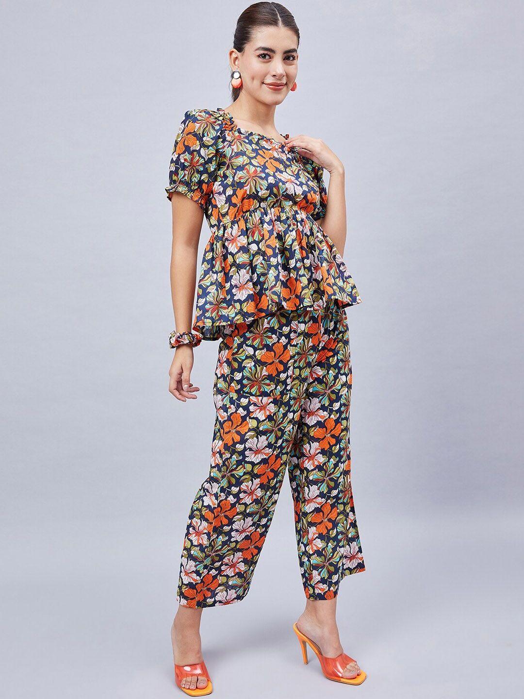 WineRed Floral Printed Pure Cotton Peplum Top With Trousers & Scrunchie Co-Ords