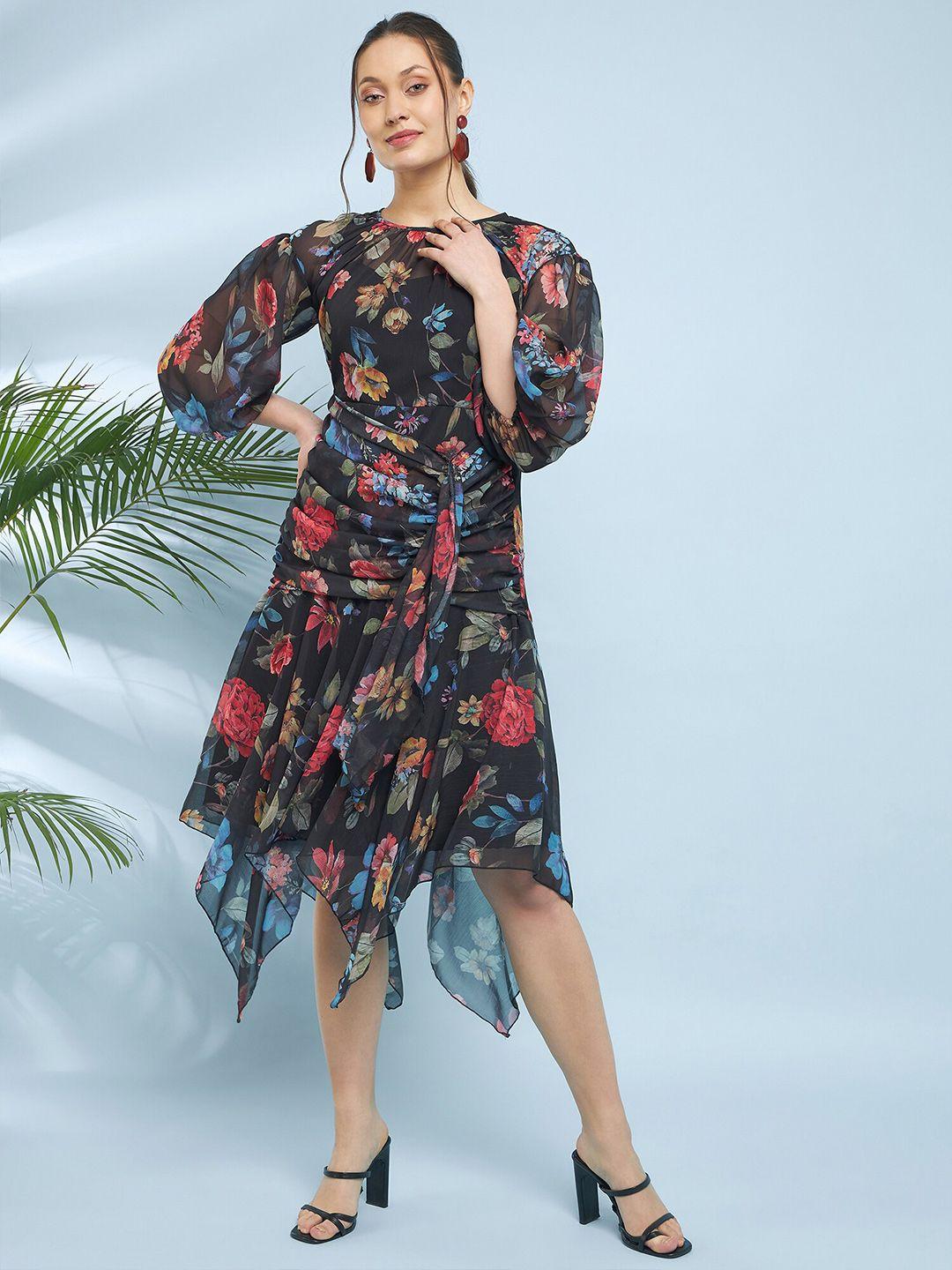 Antheaa Floral Print Puff Sleeve Fit & Flare Midi Dress