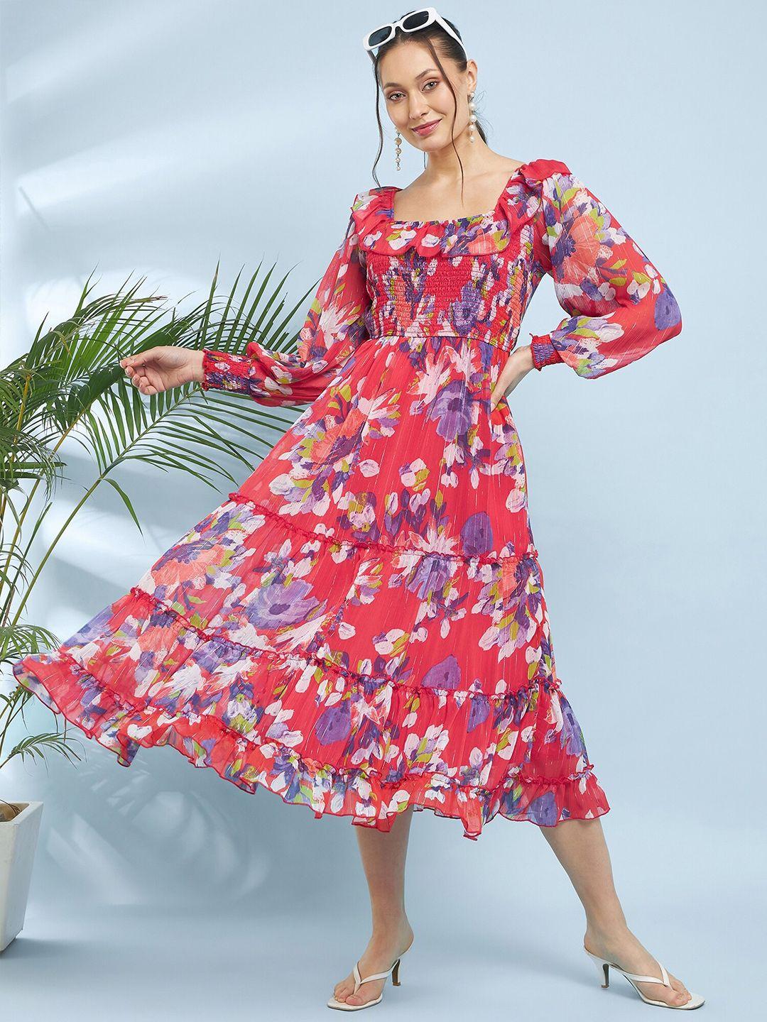Antheaa Floral Print Puff Sleeve Chiffon A-Line Midi Dress
