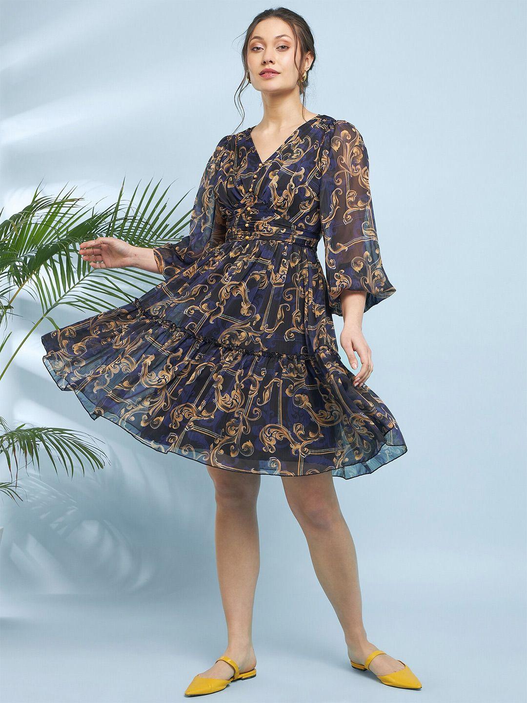 Antheaa Floral Print Flared Sleeve Chiffon Fit & Flare Dress