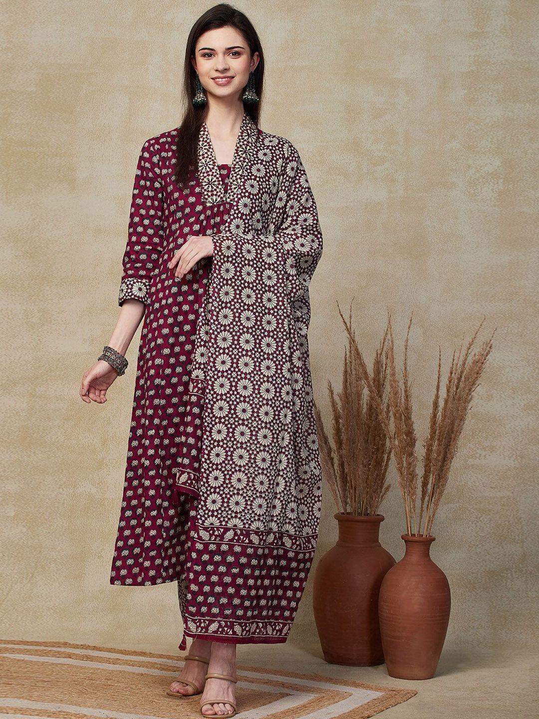 FASHOR Women Ethnic Motifs Printed Pleated Sequinned Pure Cotton Kurta with Trousers & With Dupatta
