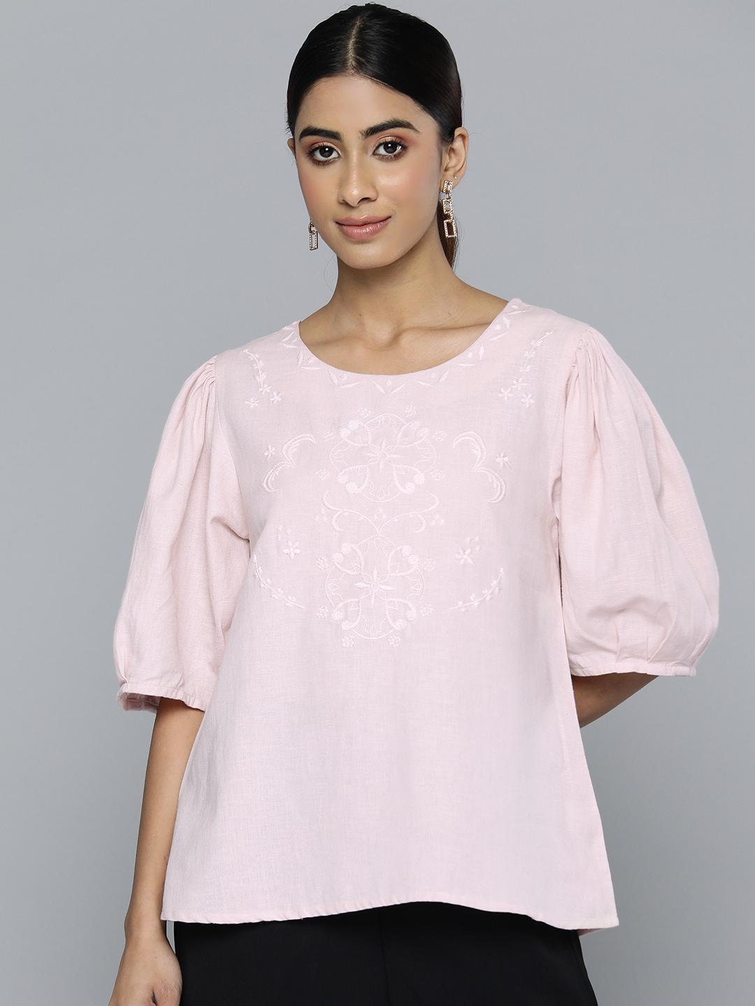 scoup-floral-embroidered-puff-sleeve-linen-top