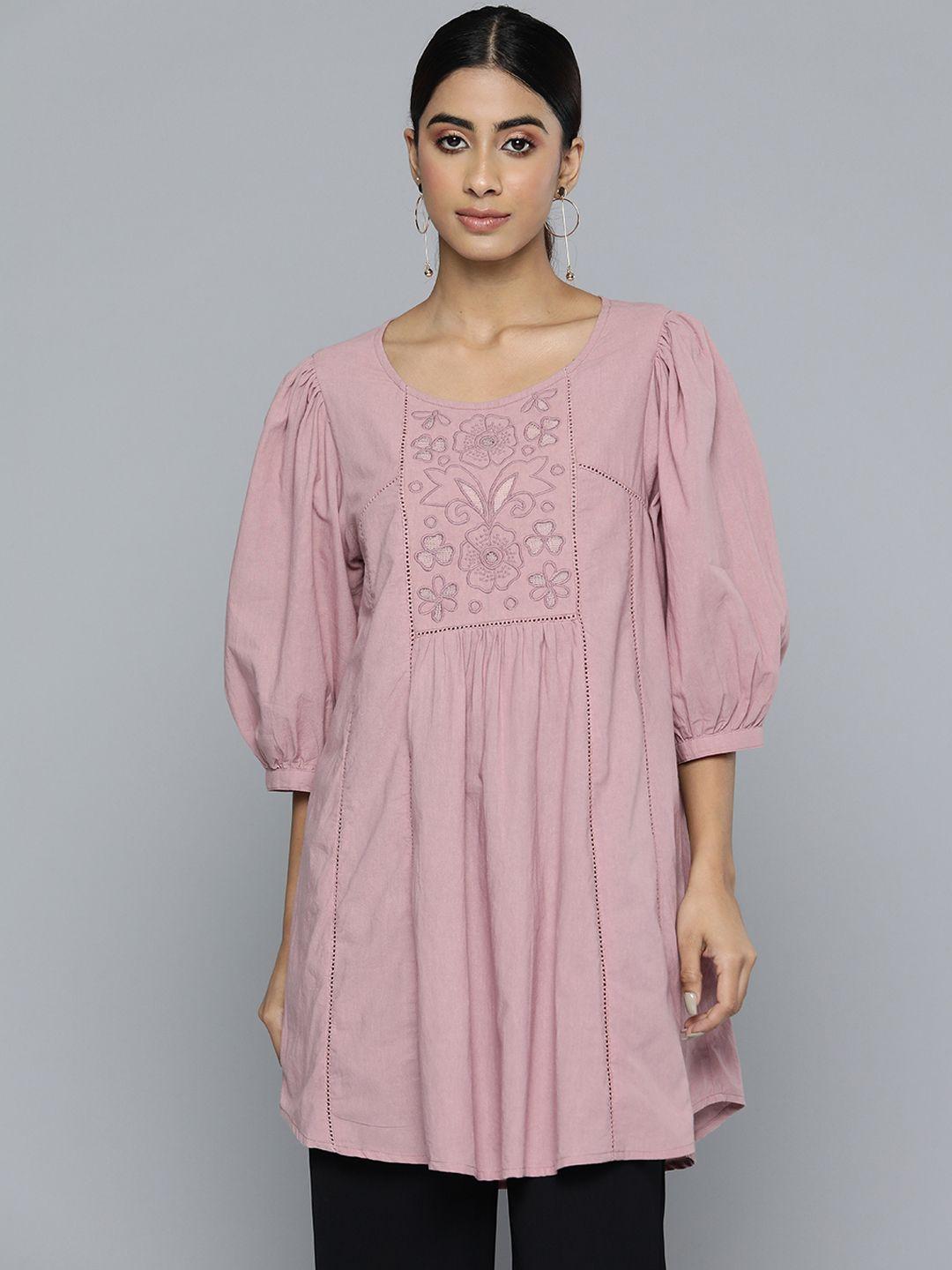 SCOUP Scoop Neck Gathered Detail Embroidered Ethnic Tunic
