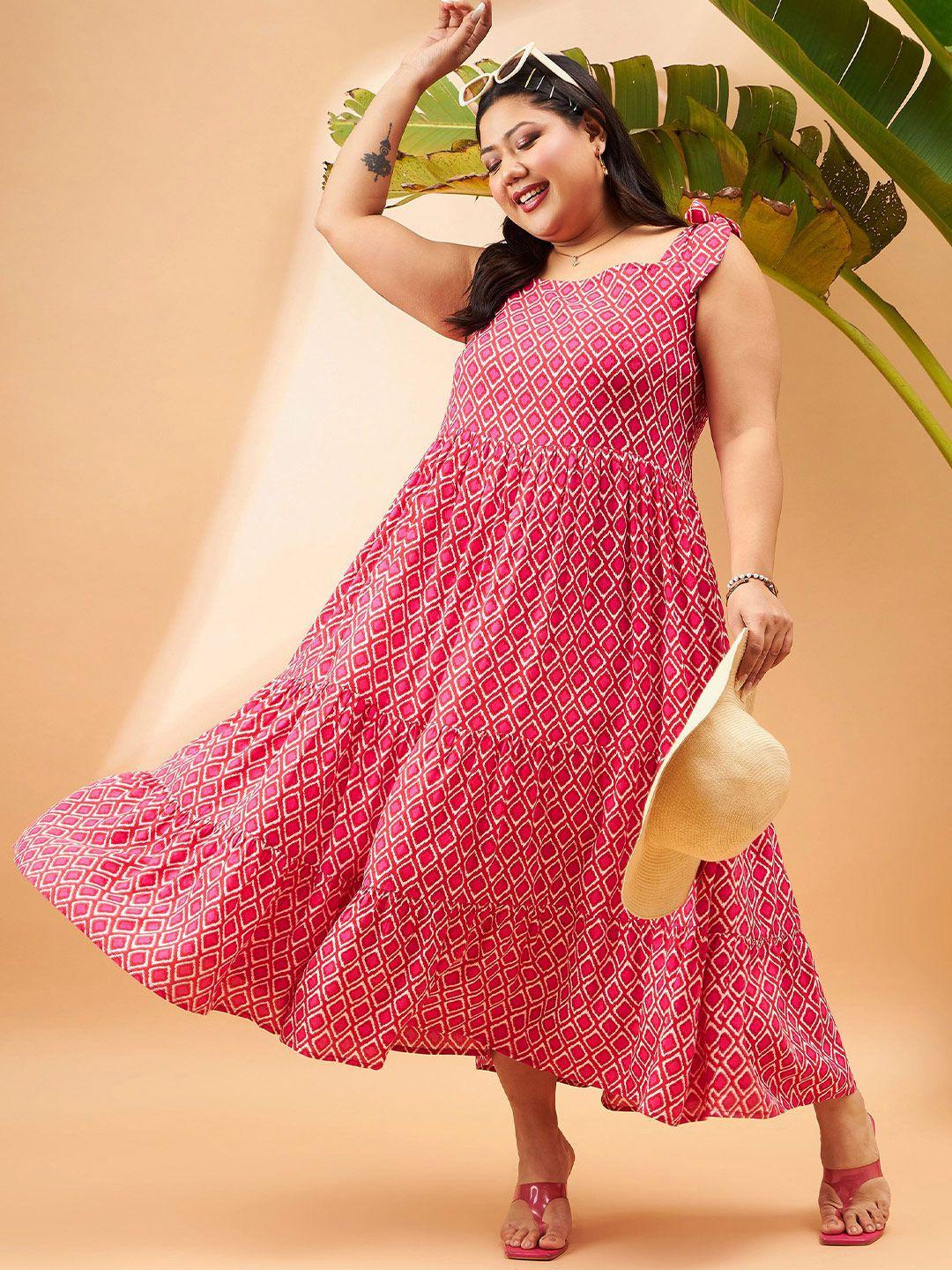 sassafras-curve-plus-size-pink-geometric-printed-gathered-tiered-fit-&-flare-maxi-dress
