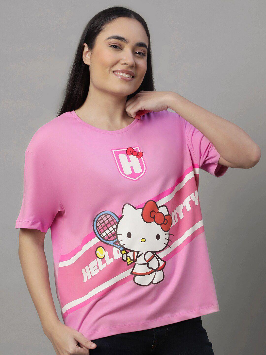 Free Authority Pure Cotton Hello Kitty Printed Drop-Shoulder Sleeves Oversized T-shirt
