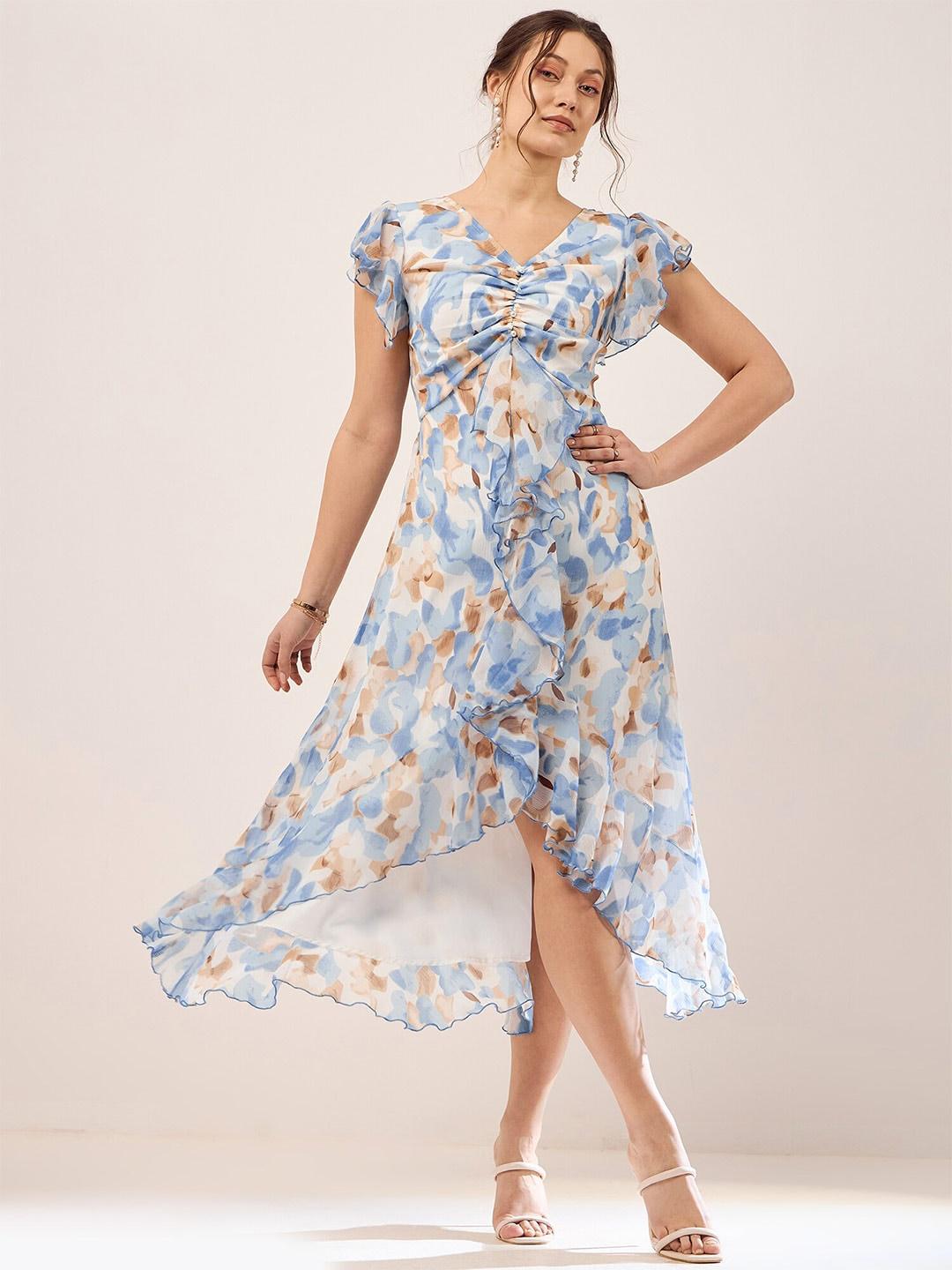 Antheaa Floral Print Puff Sleeve Chiffon Fit & Flare Midi Dress