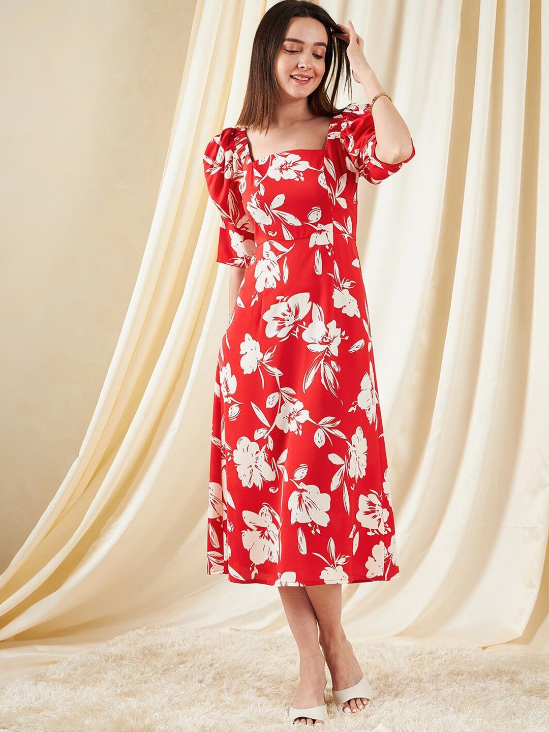 Kibo Floral Print Puff Sleeve Crepe Fit & Flare Midi Dress