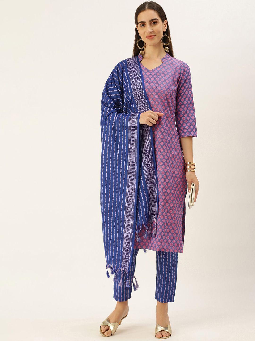 Saanjh Pink Ethnic Woven Design Straight Kurta with Trousers & Dupatta