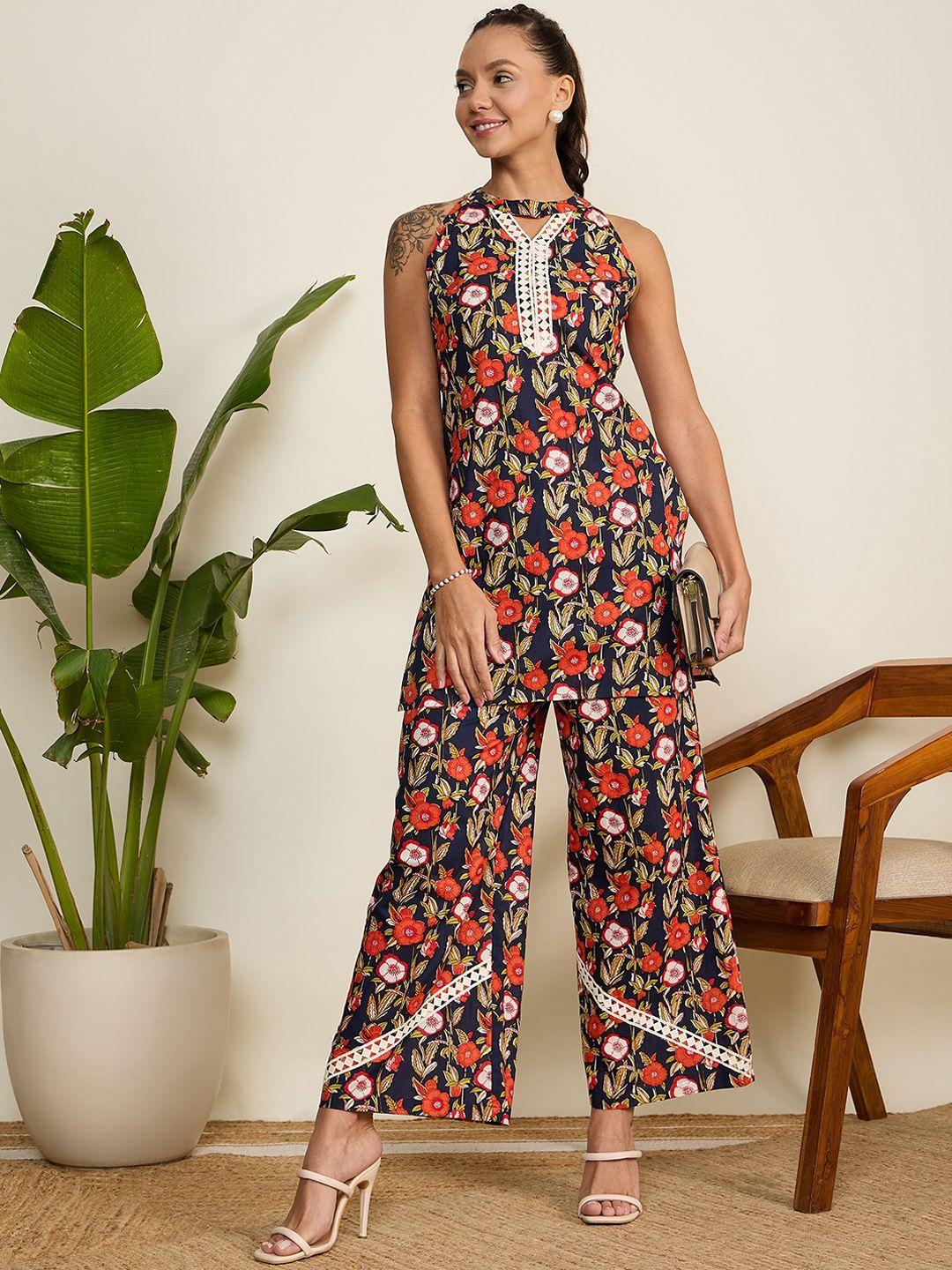 WineRed Floral Printed Halter Neck Pure Cotton Tunic With Trousers