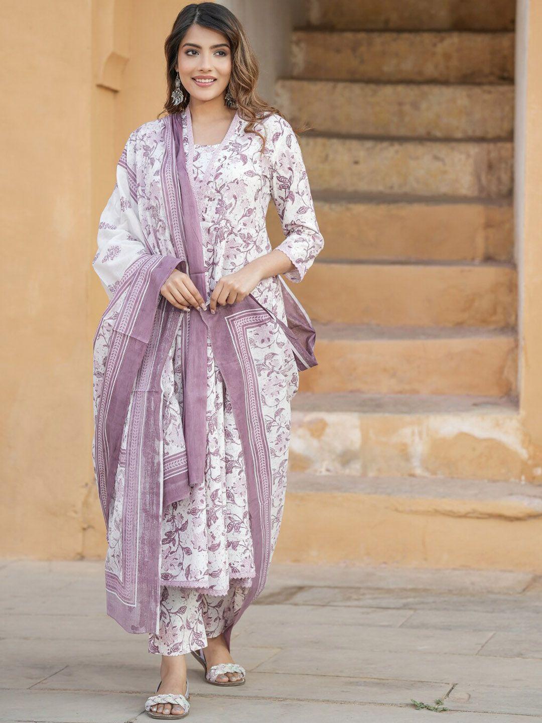 KALINI Floral Printed V-Neck Thread Work Anarkali Cotton Kurta with Trousers & Dupatta