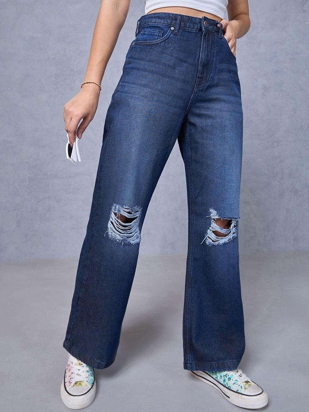 Bewakoof Women Wide Leg High-Rise Mildly Distressed Light Fade Cotton Jeans
