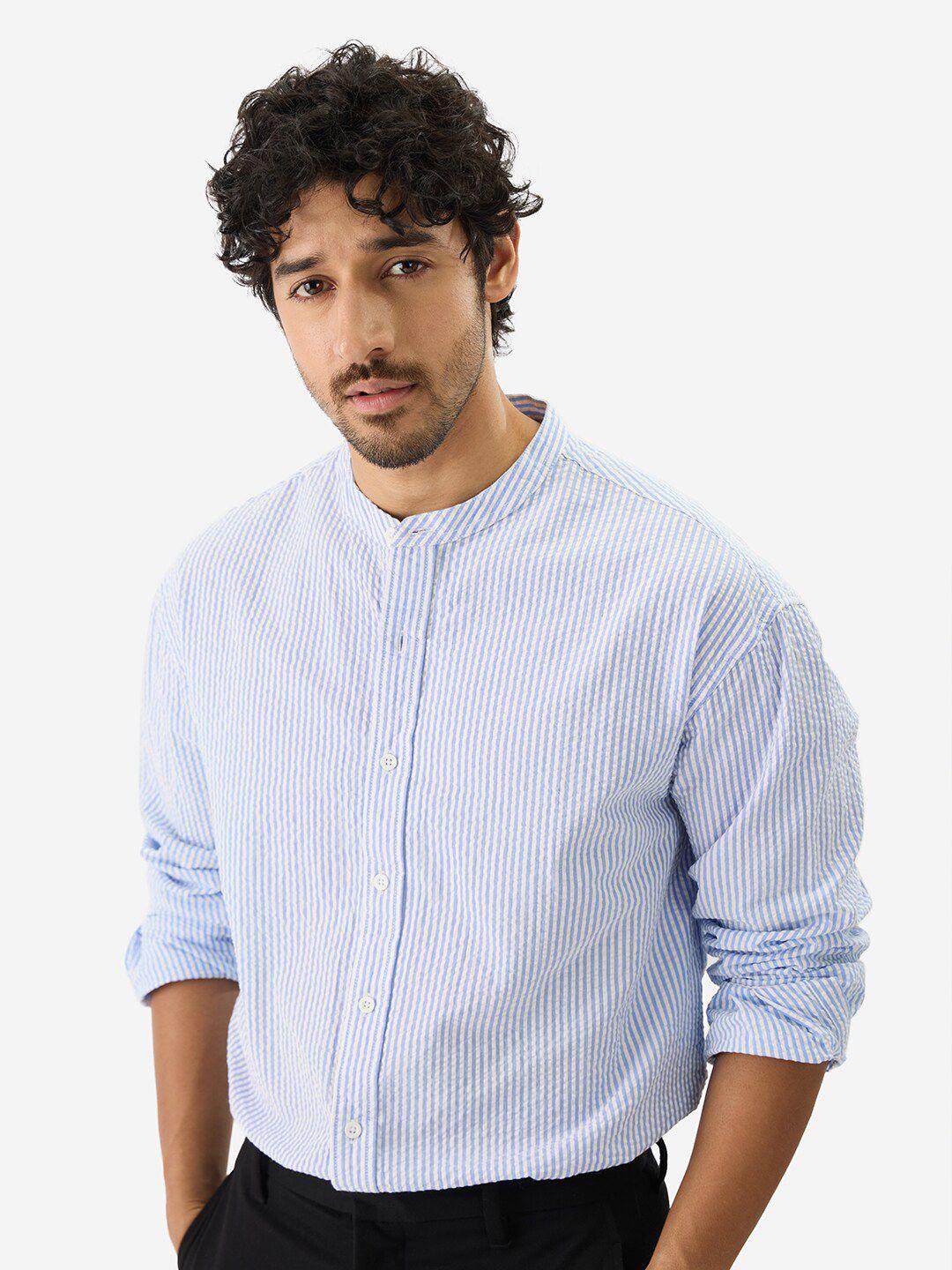 the-souled-store-blue-vertical-striped-band-collar-pure-cotton-casual-shirt