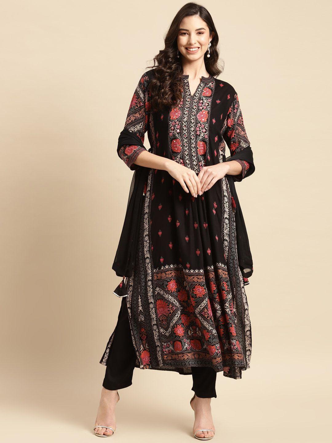IndigoFerry Floral Embroidered Mirror Work Straight Kurta with Trousers & Dupatta