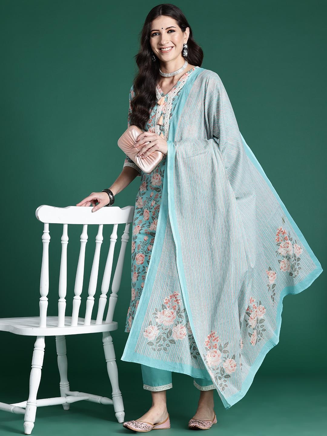 indo-era-women-floral-printed-regular-mirror-work-pure-cotton-kurta-with-trousers-&-with-dupatta