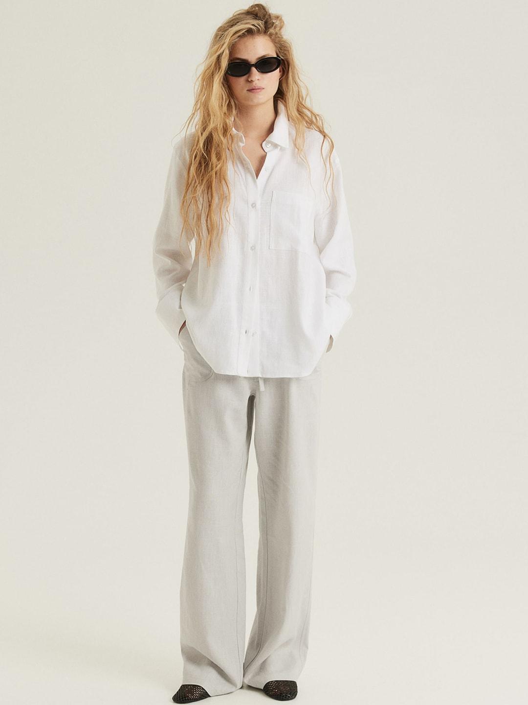 H&M Women Linen-Blend Straight Trousers