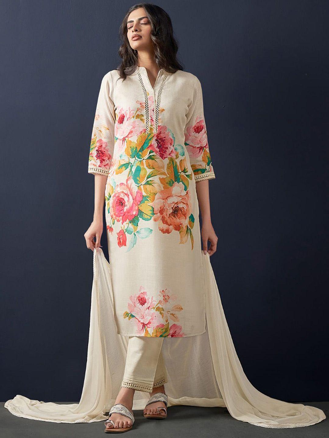 Indo Era Floral Printed Beads and Stones Linen Straight Kurta with Trousers & Dupatta