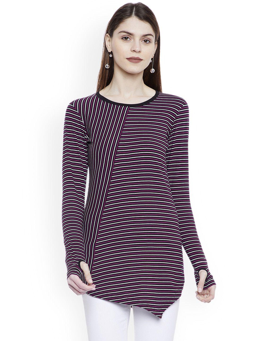 hypernation-women-magenta-striped-round-neck-t-shirt