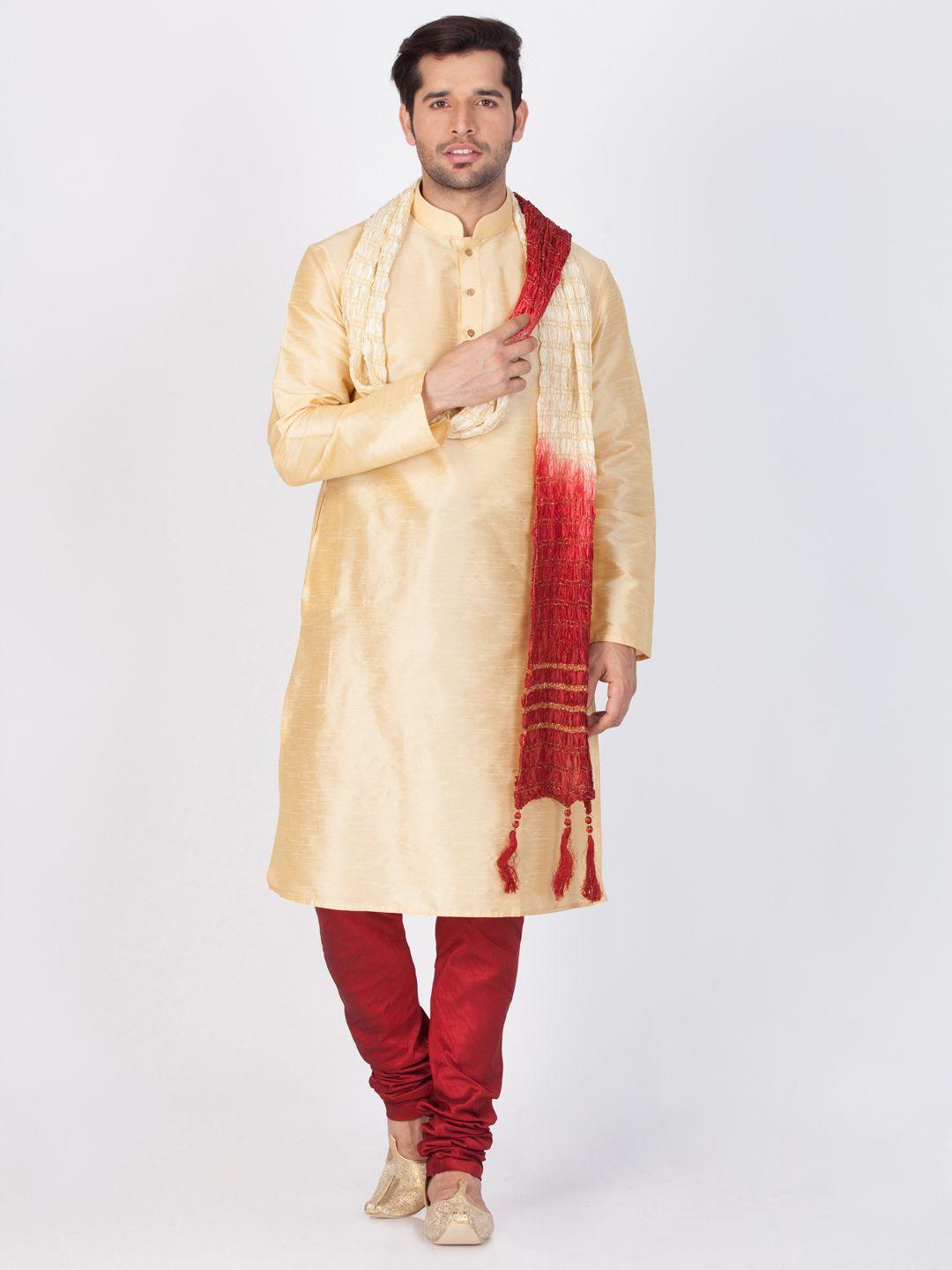 vastramay-men-gold-toned-&-maroon-solid-kurta-with-pyjamas-&-dupatta