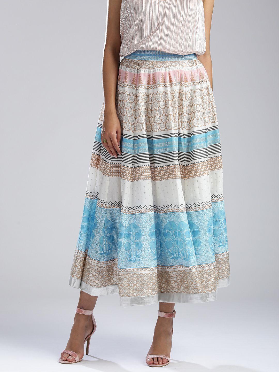 W White & Blue Printed Striped Maxi Flared Skirt