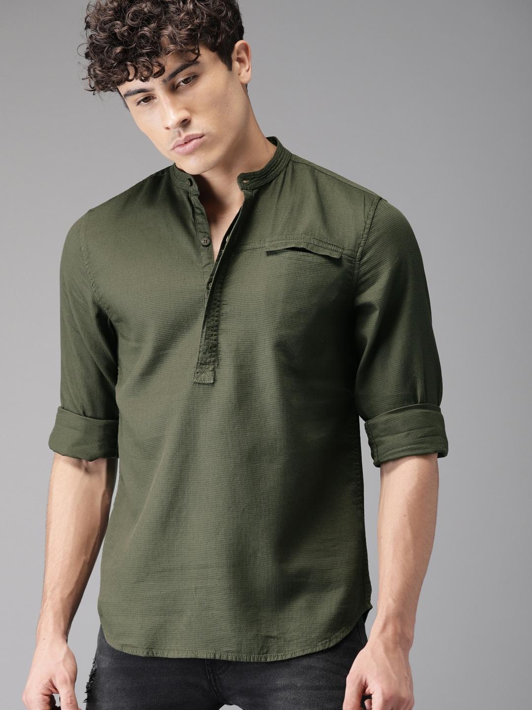 here&now-men-olive-green-regular-fit-self-design-casual-shirt