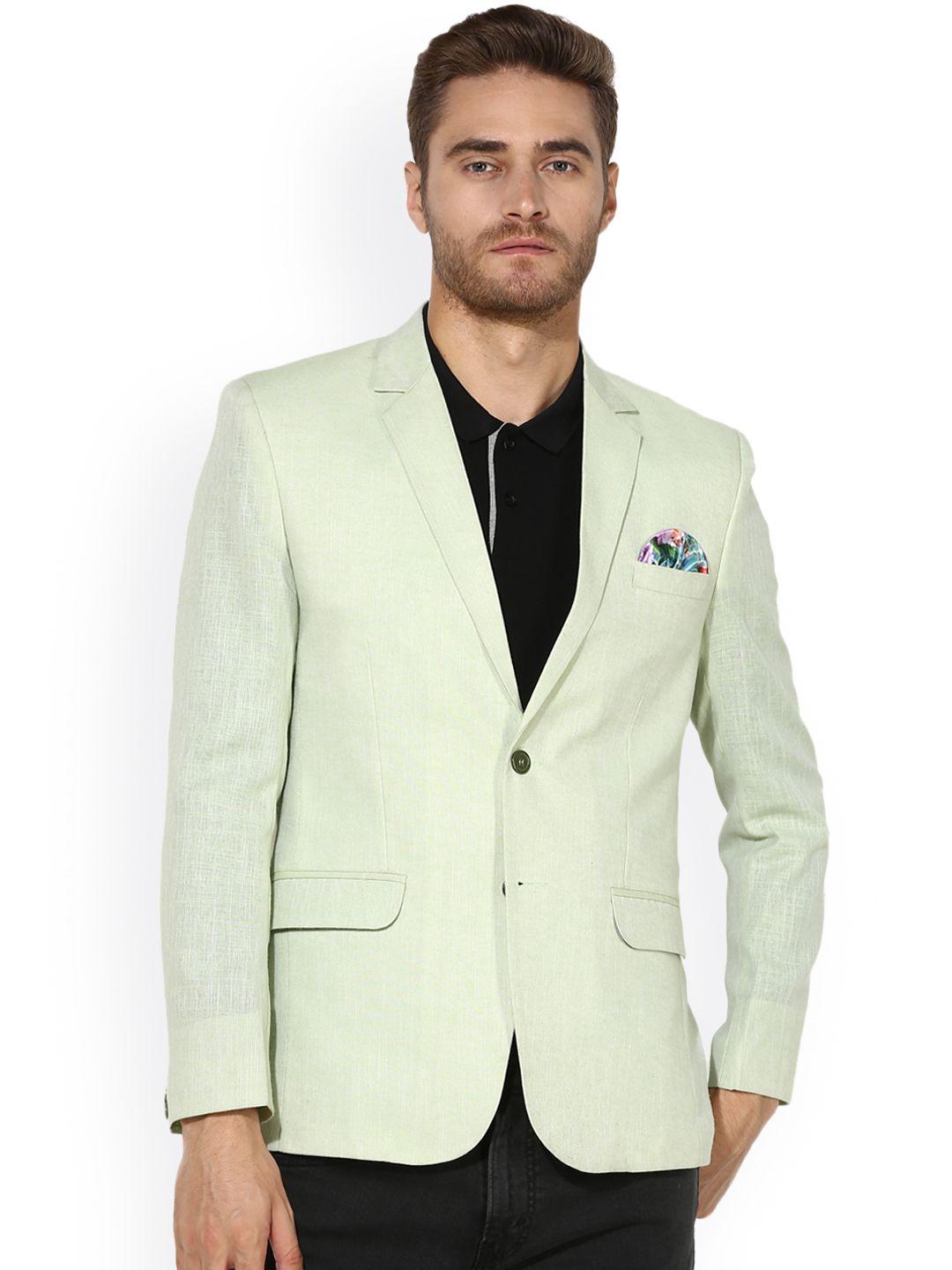 Hangup Men Green Linen Single-Breasted Slim Fit Blazer
