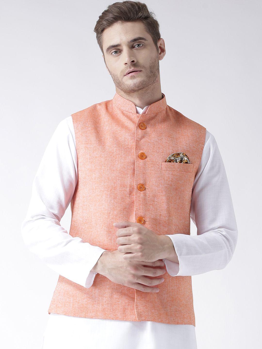 Hangup Men Orange Woven Linen Blend Nehru Jacket