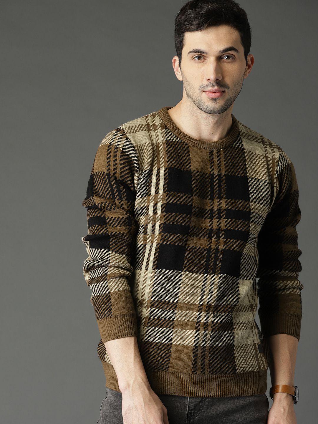roadster-men-brown-checked-acrylic-sweater