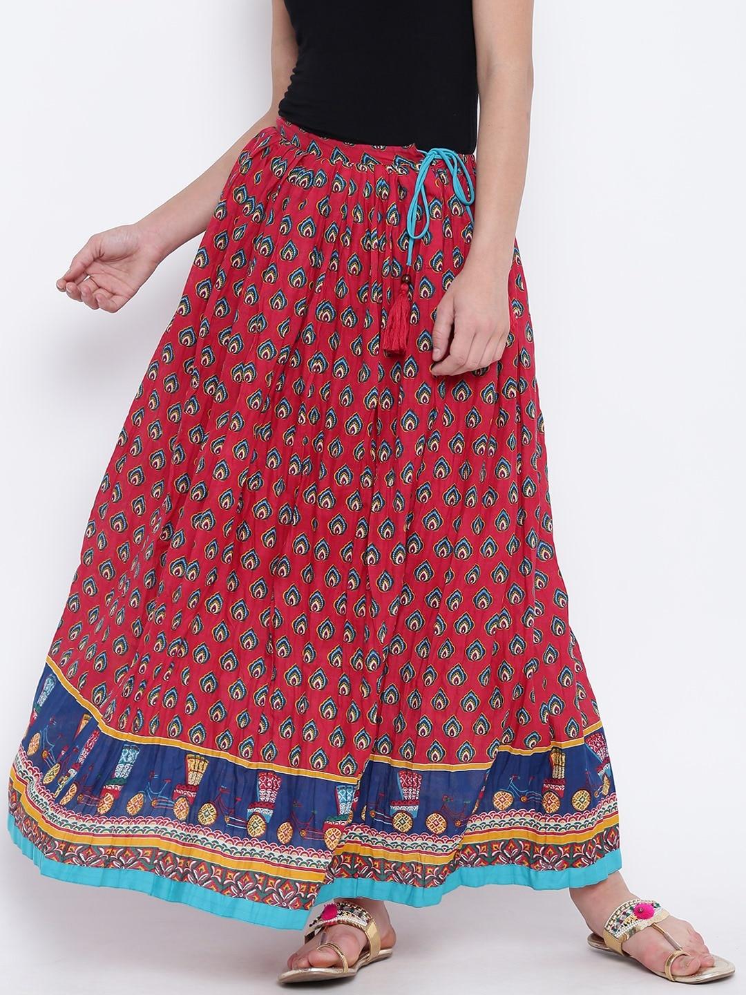 Bronz Coral Red & Blue Printed Maxi Pure Cotton Skirt