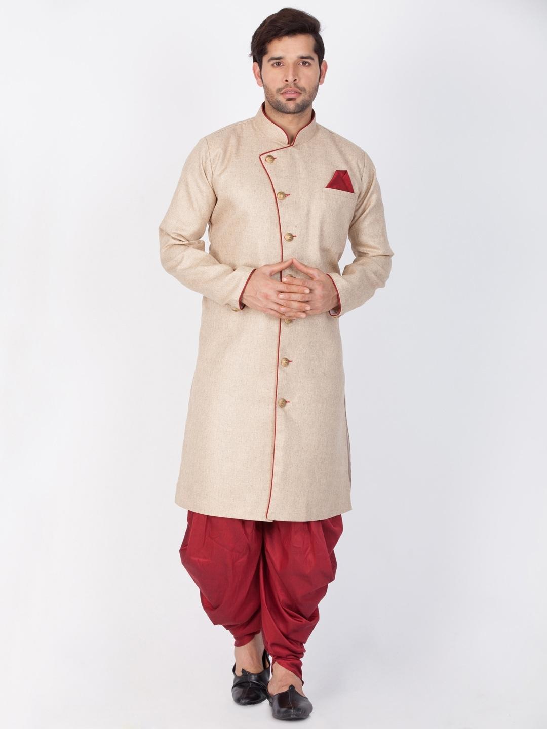 vastramay-men-cream-coloured-&-maroon-sherwani-with-dhoti-pants