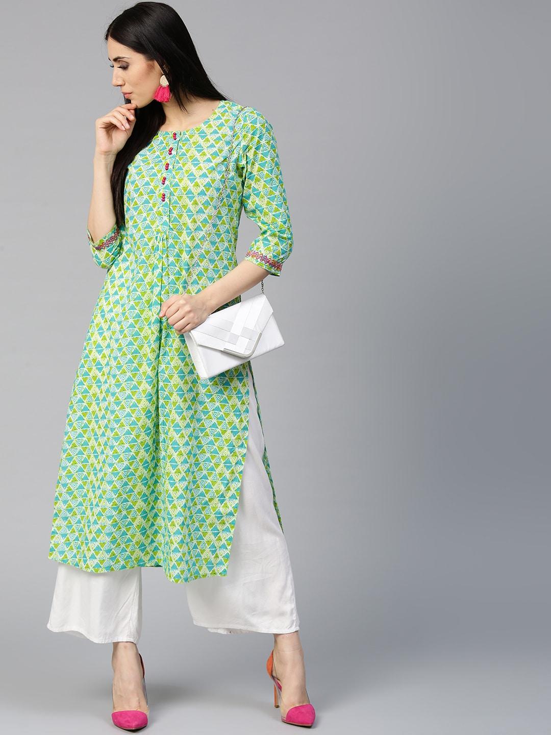 jaipur-kurti-women-blue-&-green-printed-straight-kurta