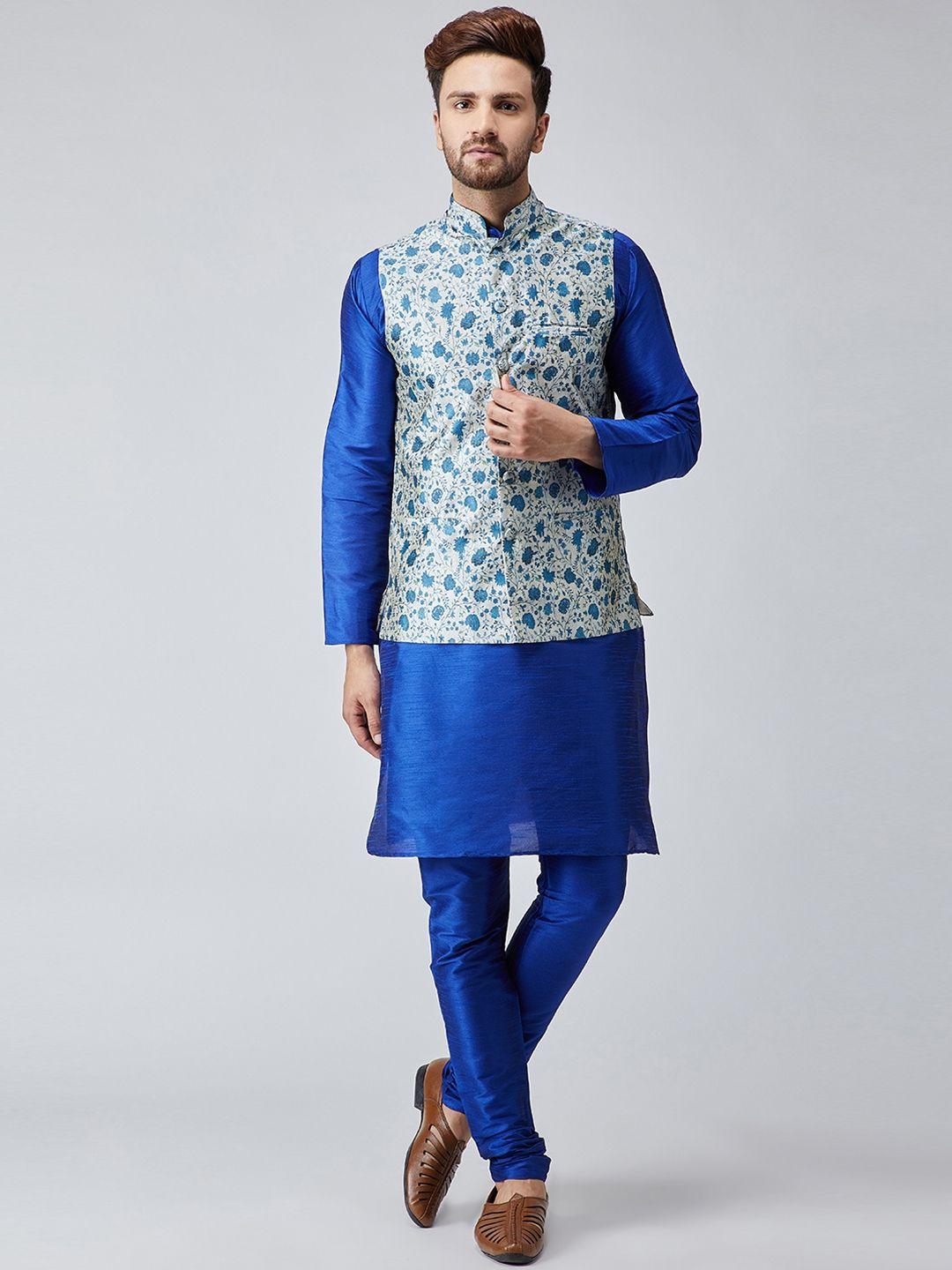 sojanya-men-blue-&-white-self-design-kurta-with-churidar-&-nehru-jacket