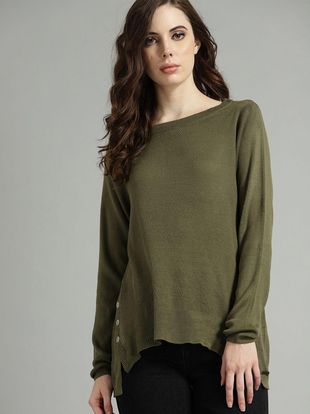 roadster-women-olive-green-solid-sweater