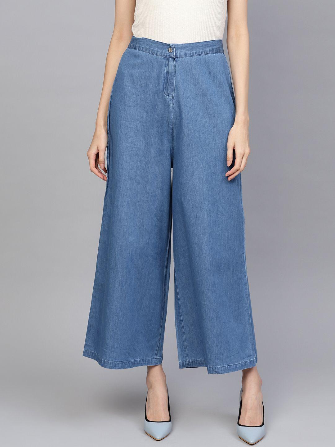 SASSAFRAS Women Blue Solid High-Rise Denim Parallel Trousers