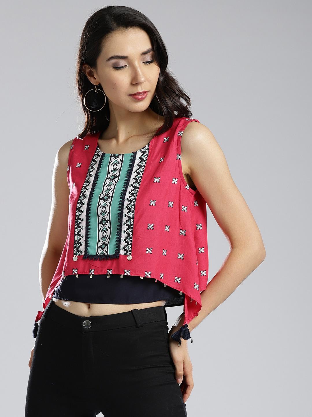 W Women Pink Printed A-Line Layered Crop Top