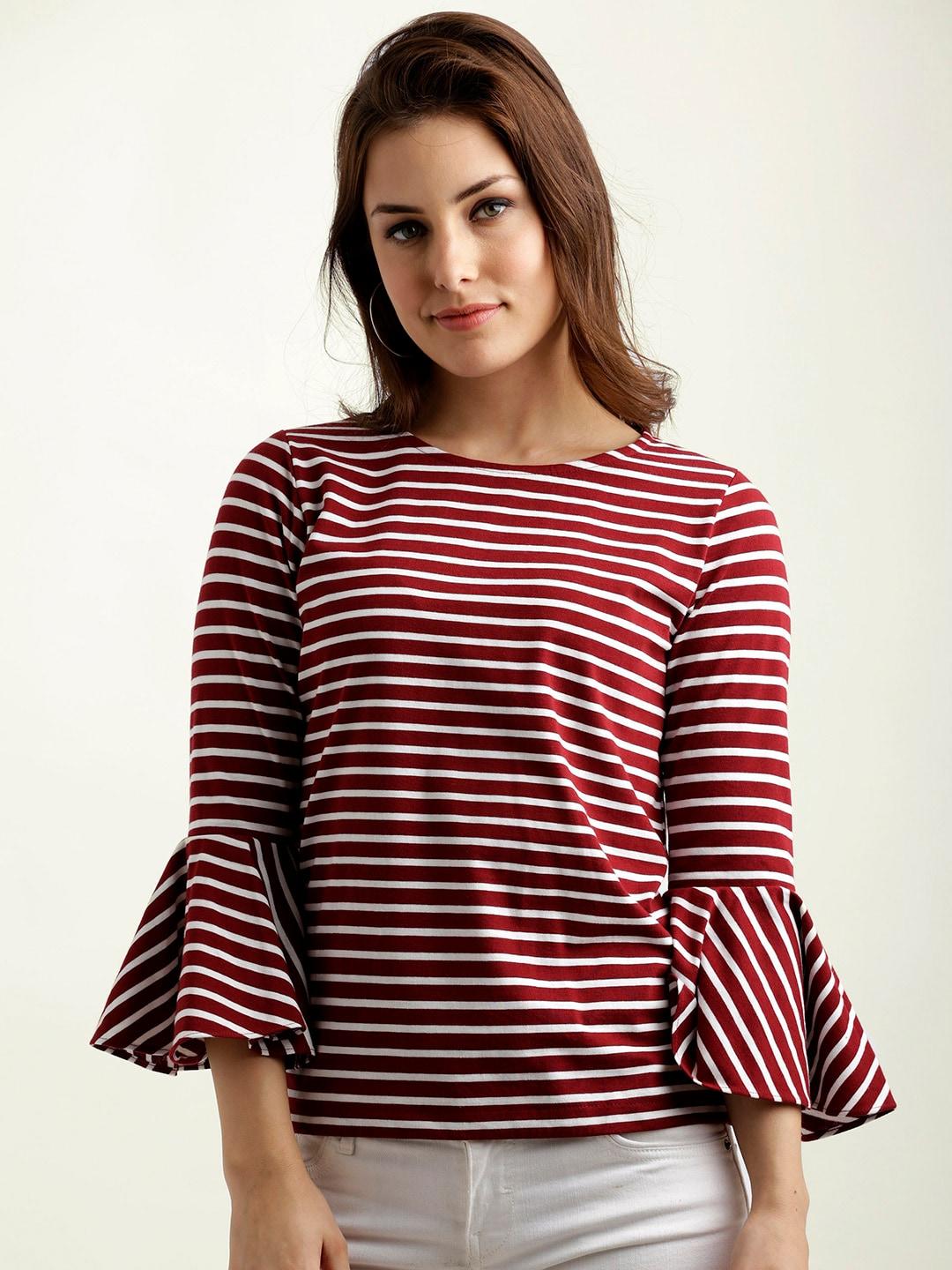 Miss Chase Maroon & White Striped Pure Cotton Top