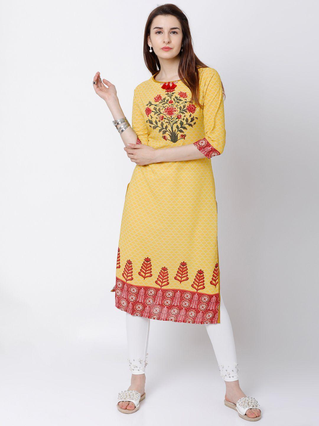 Vishudh Women Yellow & Red Printed Straight Kurta