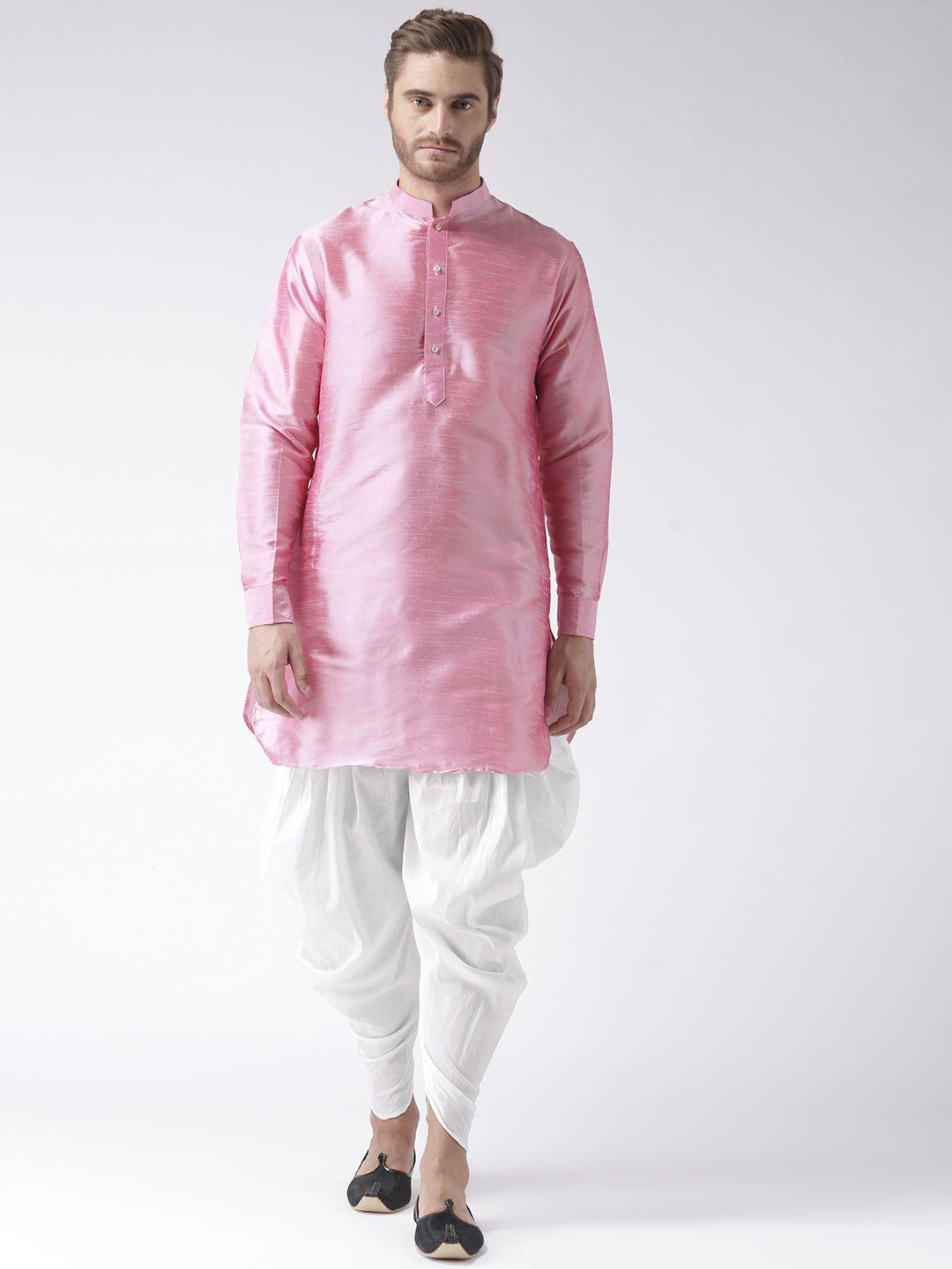 Hangup Men Pink & White Solid Kurta with Dhoti Pants