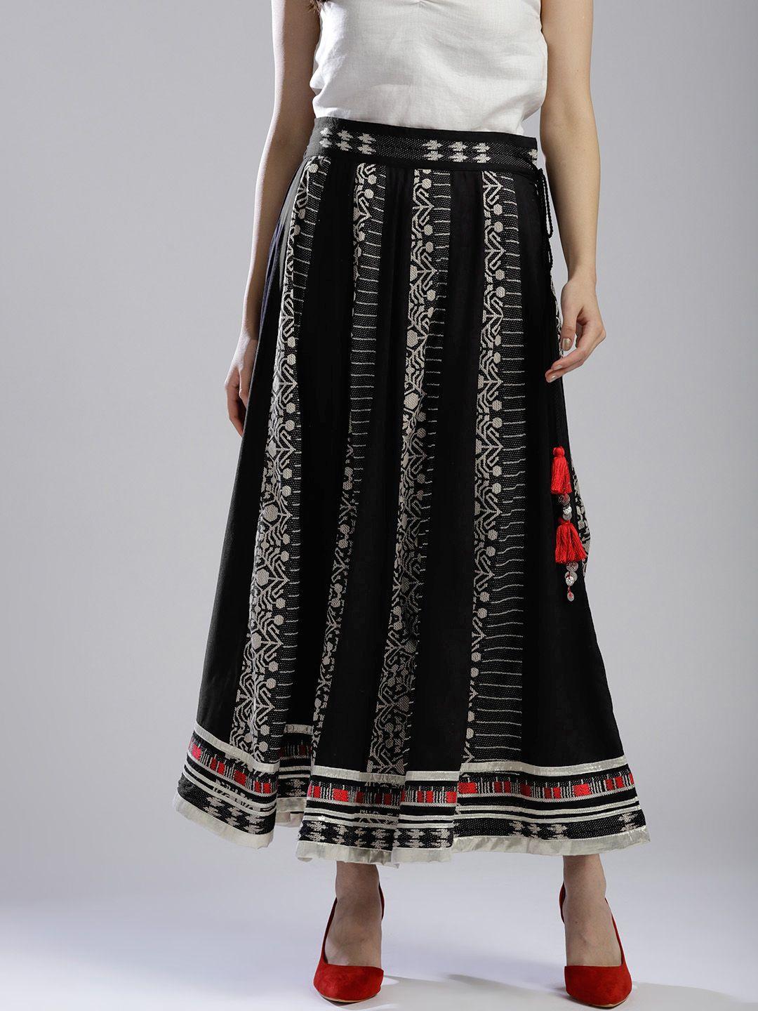 W Women Black & Off-White Woven Design Maxi Flared Skirt