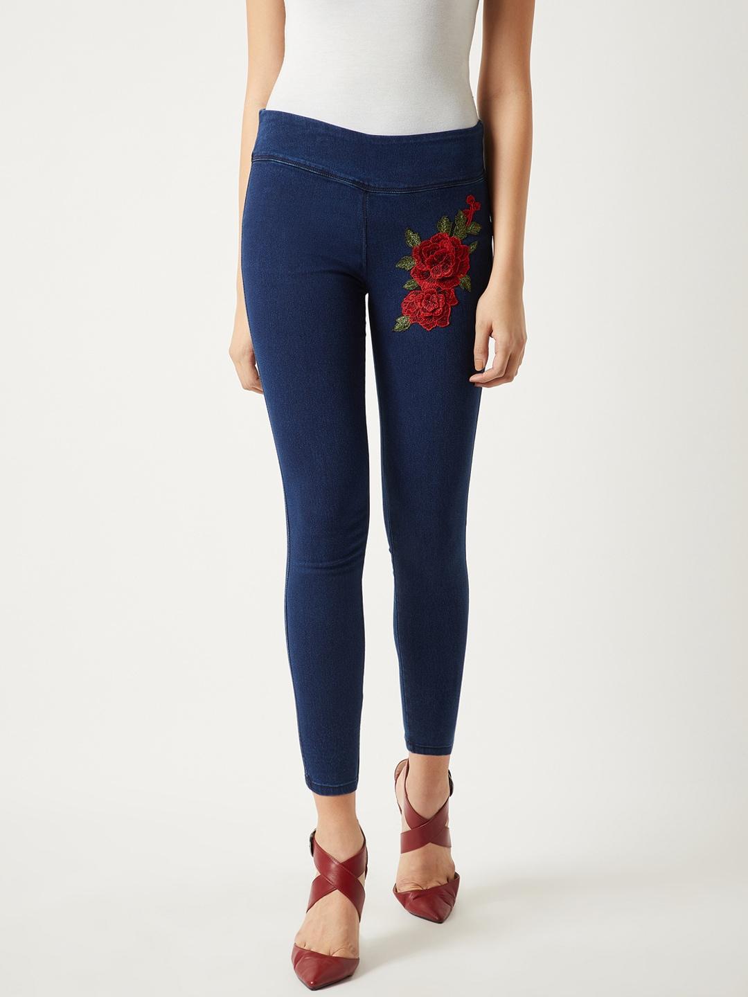 Miss Chase Navy Skinny Fit Embroidered Jeggings