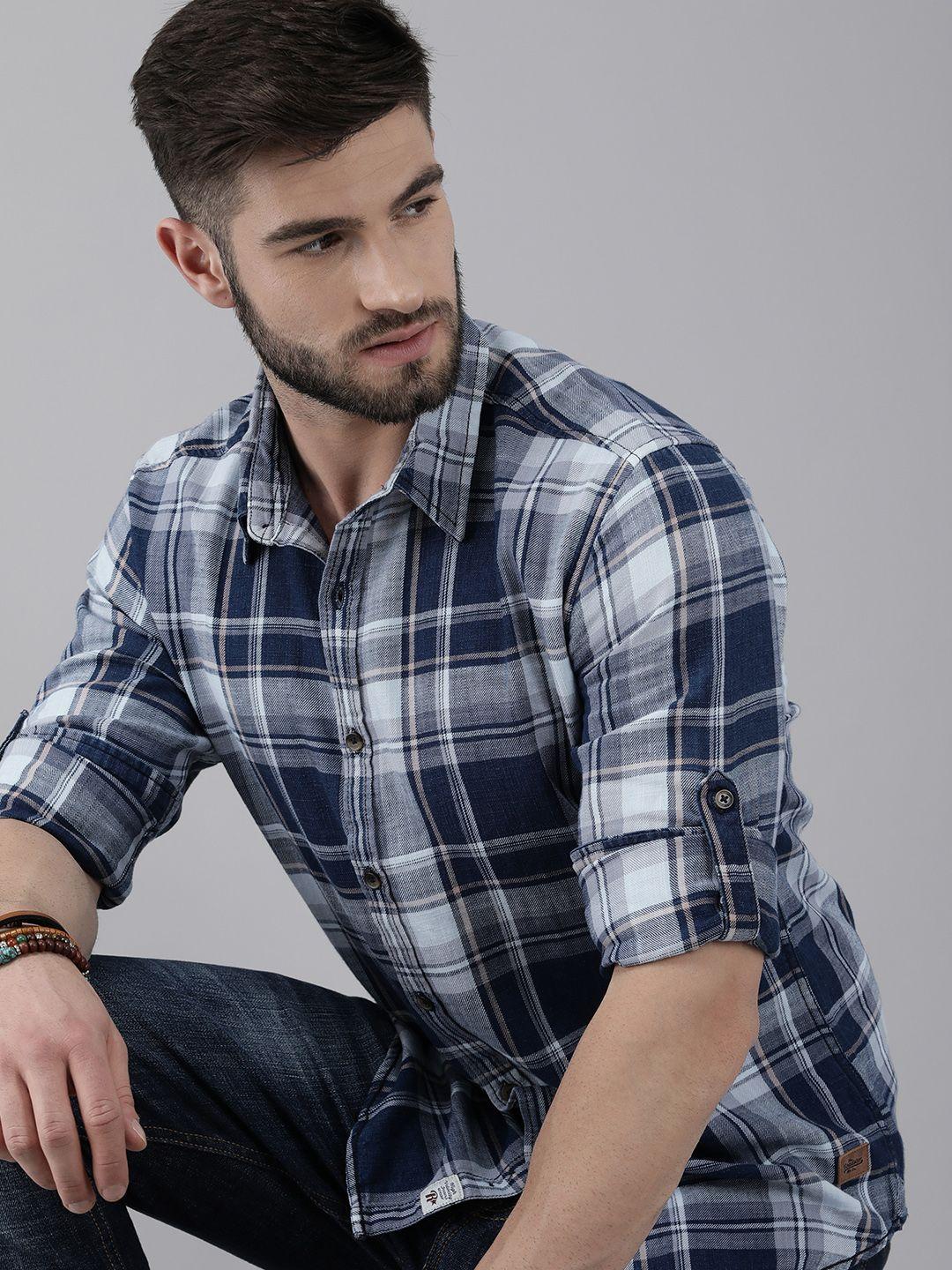 Roadster Men Navy Blue Checked Pure Cotton Sustainable Casual Shirt