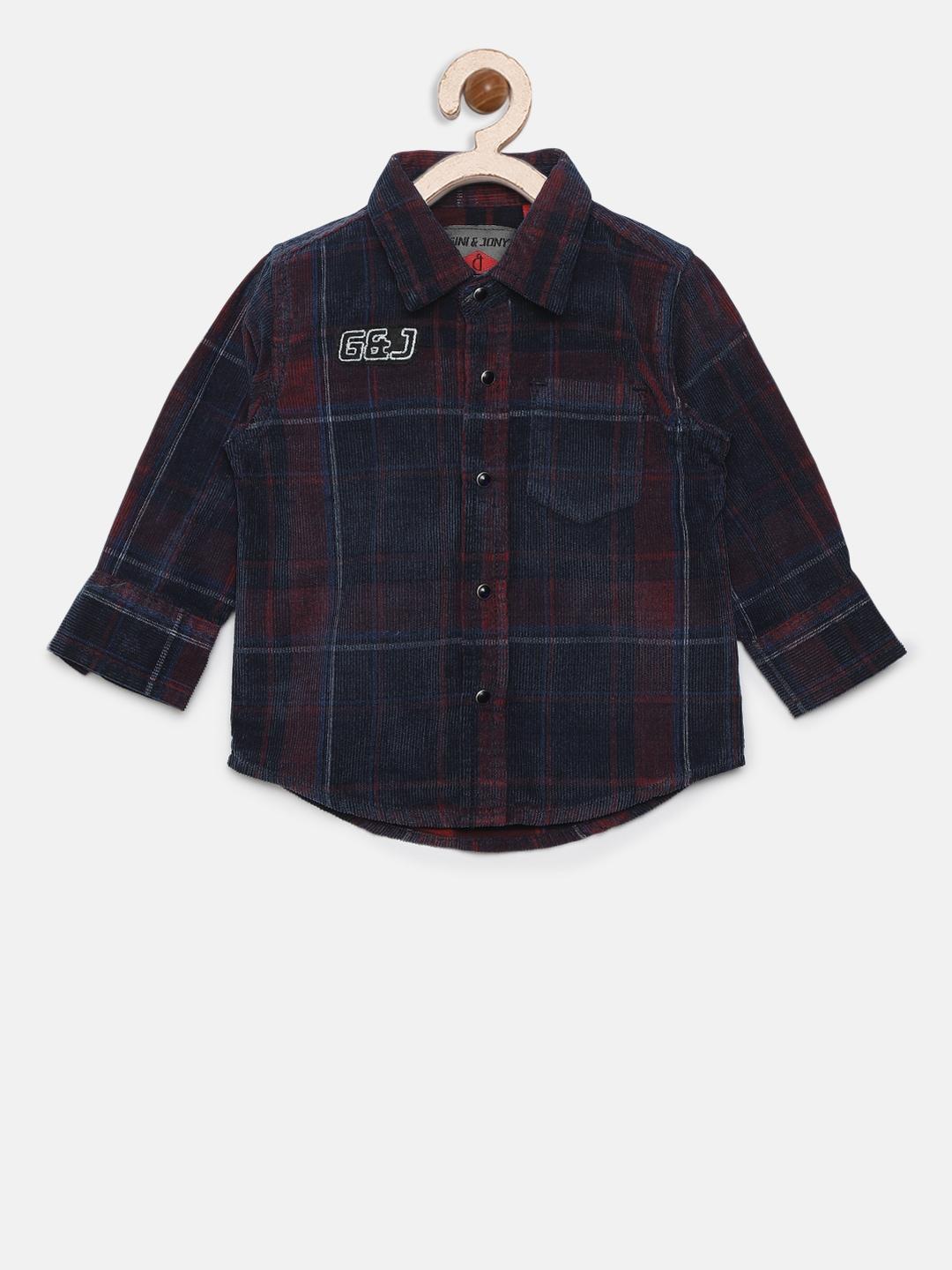 Gini and Jony Boys Navy Blue & Red Regular Fit Checked Corduroy Casual Shirt