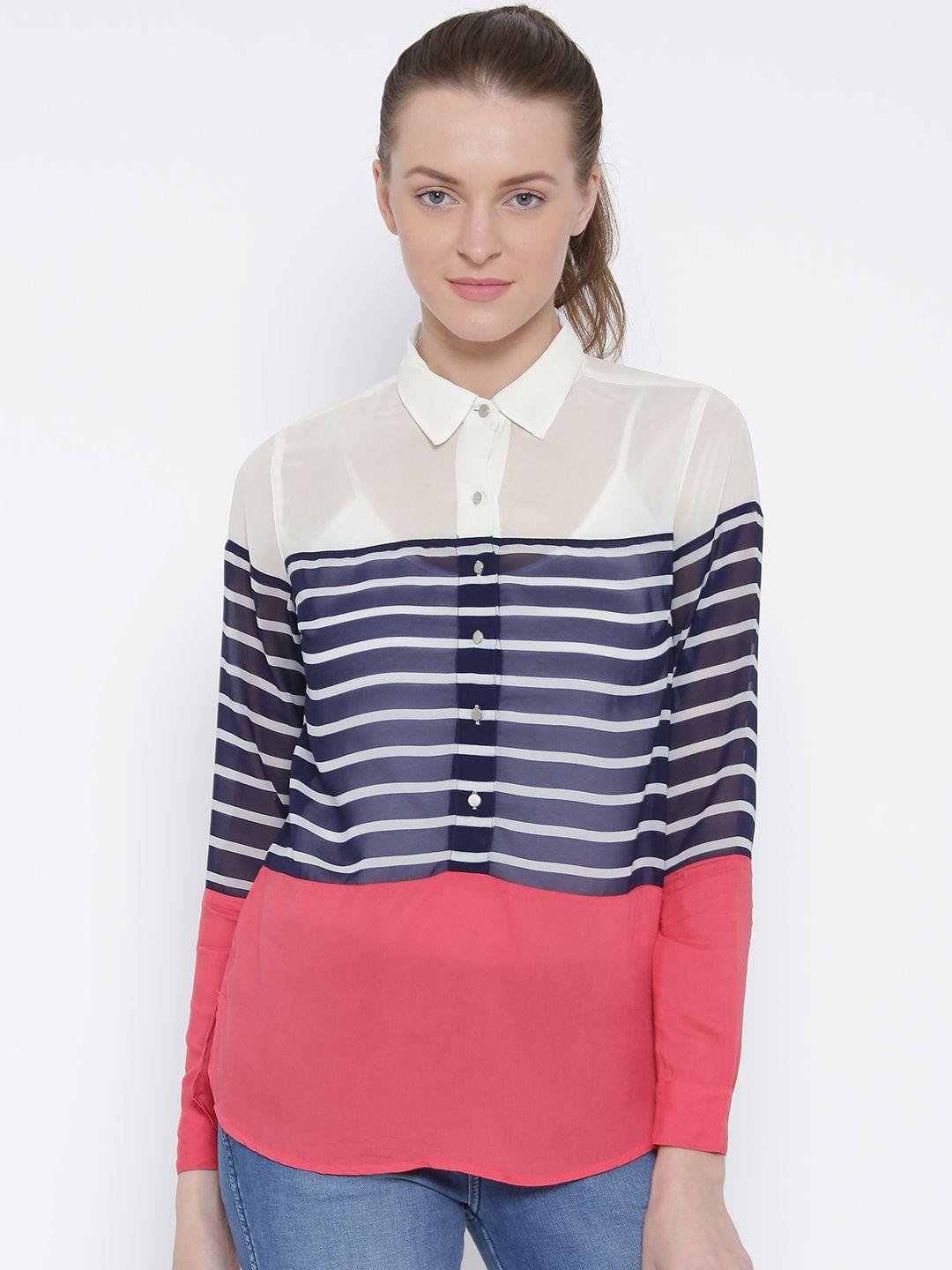 lee-women-off-white-&-coral-pink-danny-striped-slim-fit-top