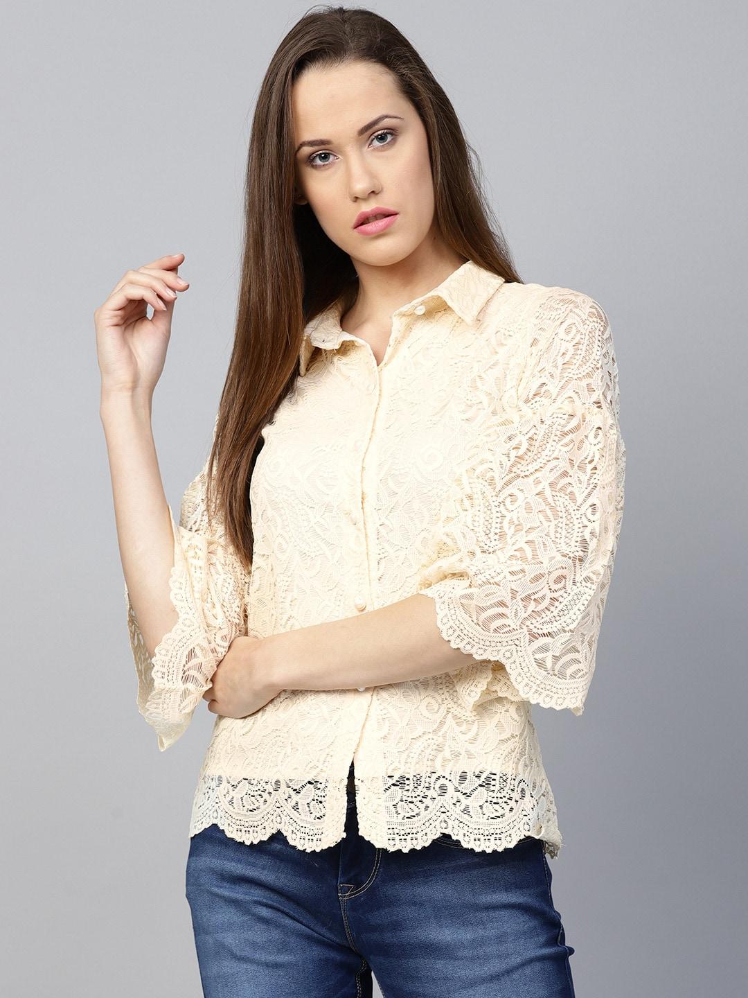 Athena Women Cream-Coloured Regular Fit Lace Casual Shirt
