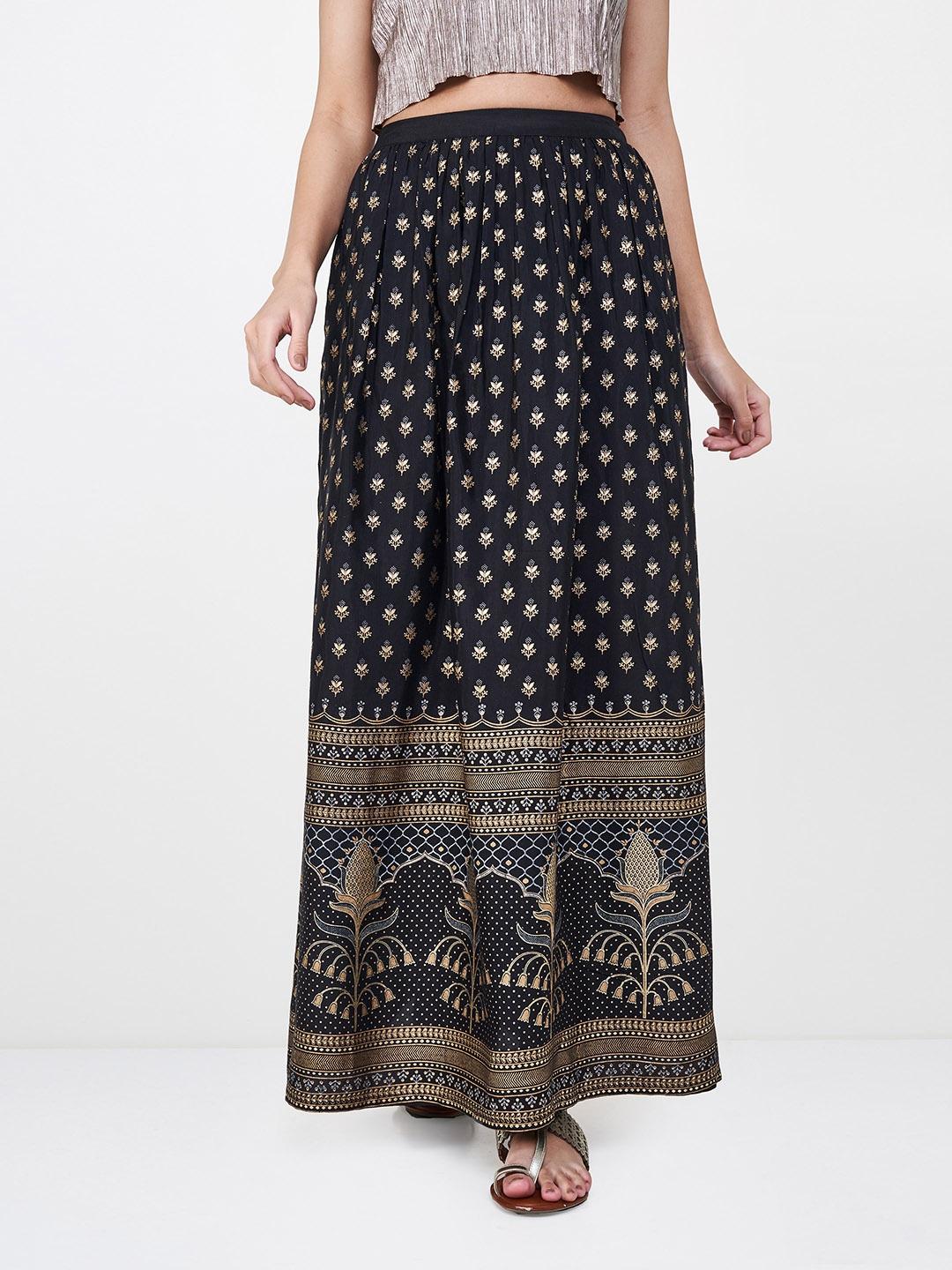 global-desi-women-black-printed-a-line-maxi-skirt