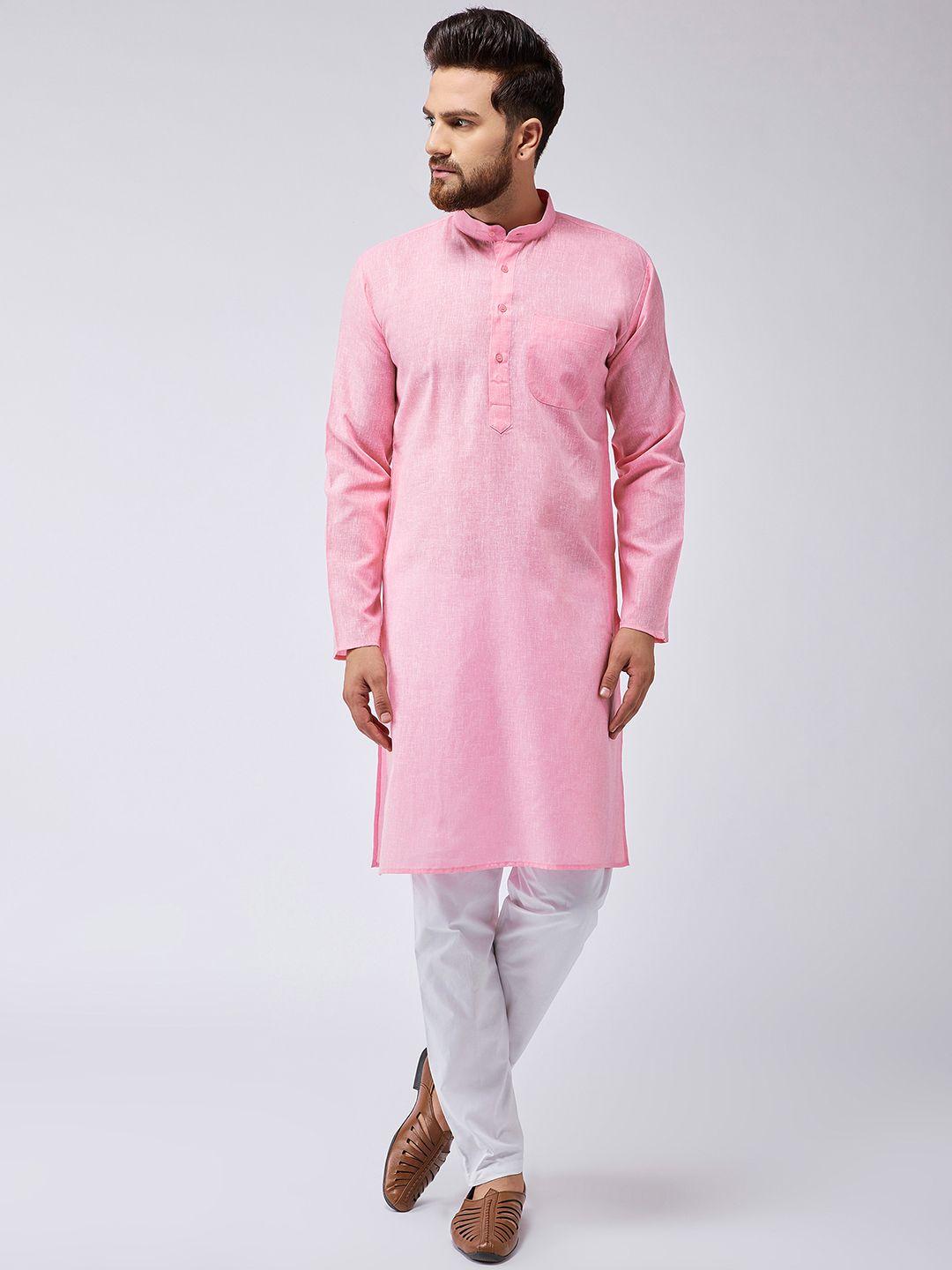 SOJANYA Men Pink & White Solid Kurta with Pyjamas