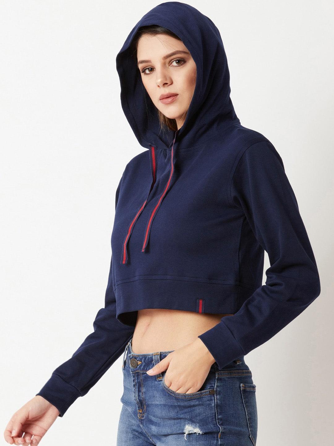 Miss Chase Women Navy Blue Solid Hooded Sweatshirt