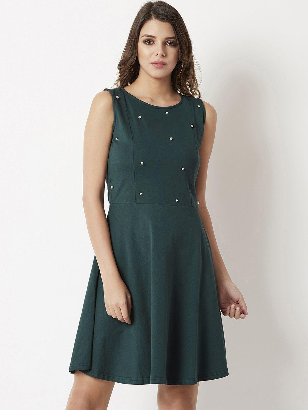 Miss Chase Women Green Embellished Fit and Flare Dress