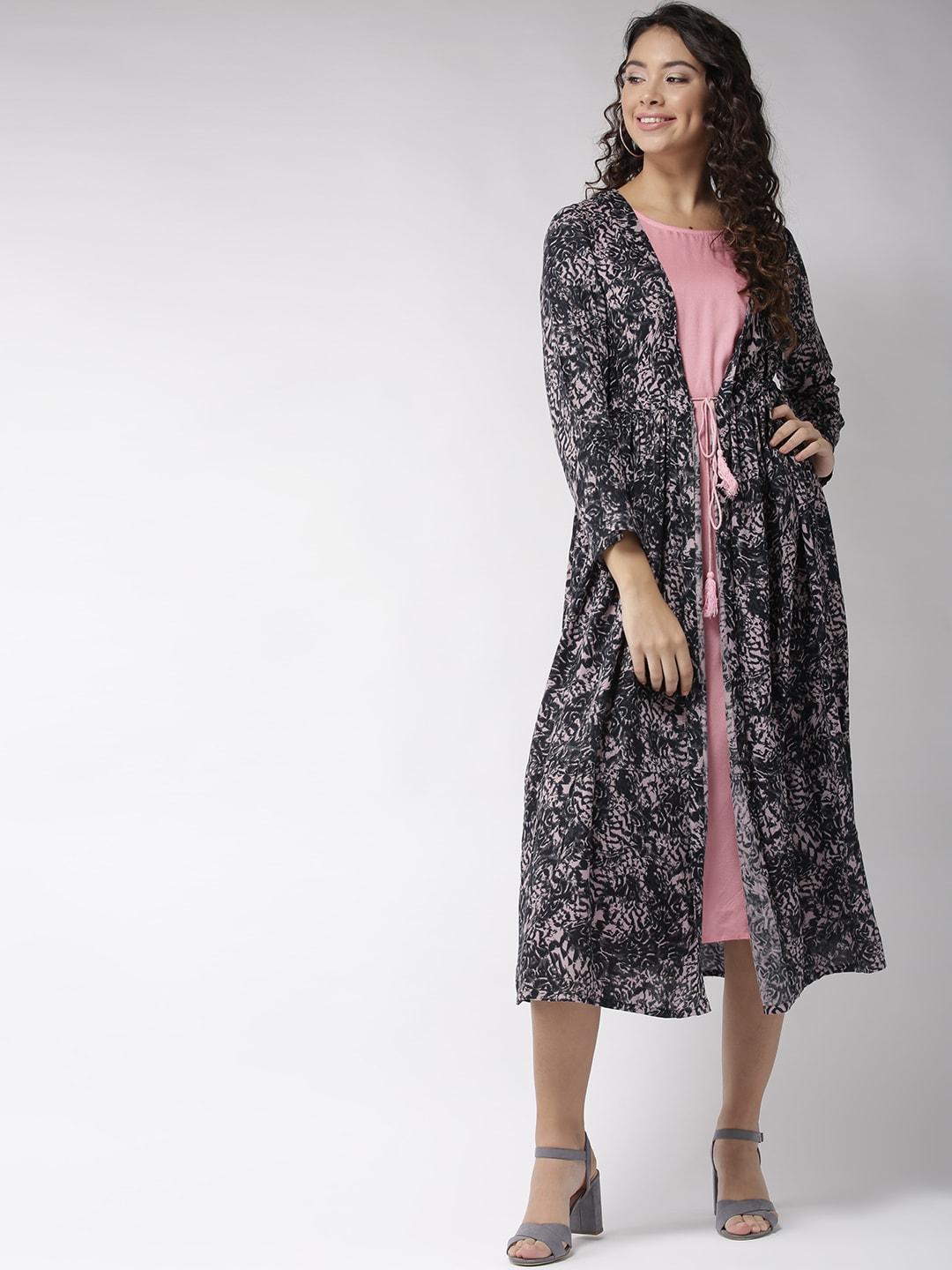 sera-women-black-&-pink-printed-layered-a-line-dress
