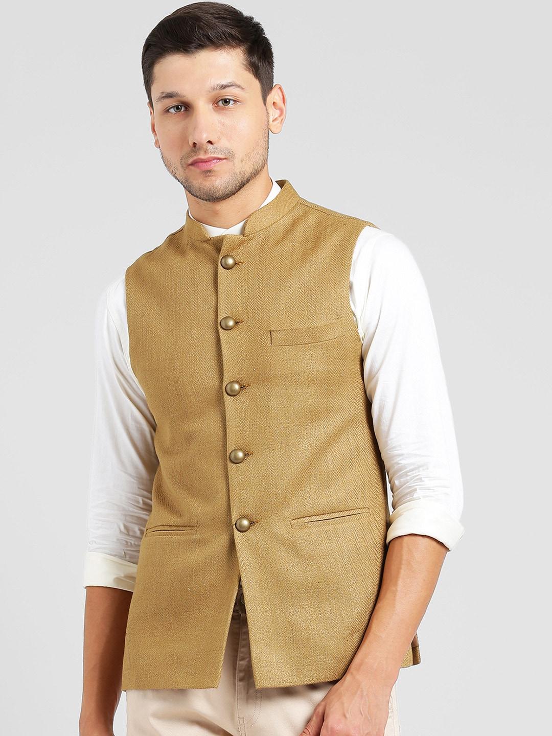 KISAH Men Beige Woven Design Nehru Jacket